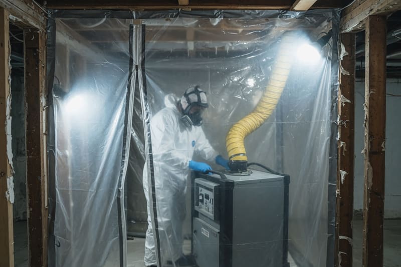 Technicien en combinaison de protection et respirateur opérant une machine à pression négative dans une zone de confinement scellée au polyéthylène